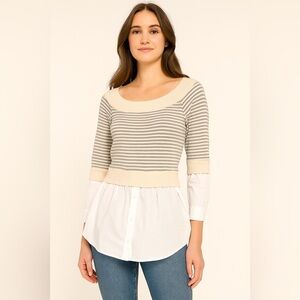 Jonathan Simkhai Gray and Cream Crew Neck Sweater with Striped Pattern XS
